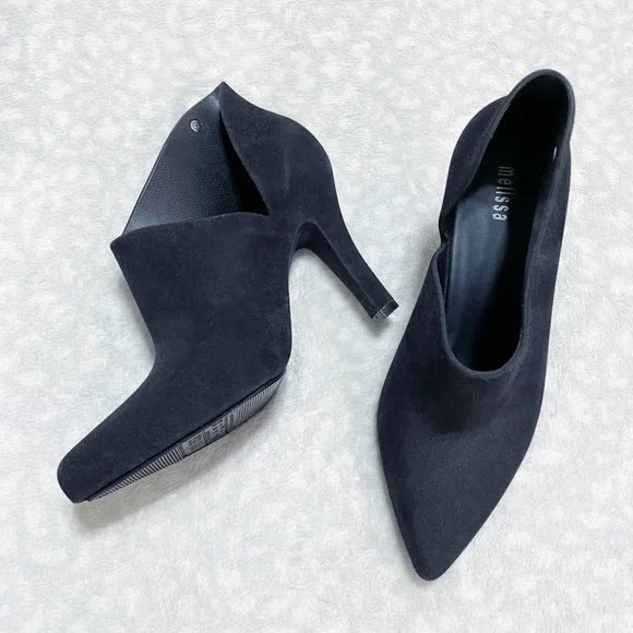 Melissa Black Bootie Drama Flocked Velvet Pointed Toe Heel Ankle Boot Fuzzy - Picture 8 of 12